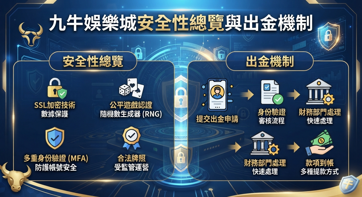 圖片上方醒目地顯示著「九牛娛樂城安全性總覽與出金機制」的標題。 整體設計採用藍金色調,並融合了代表安全防護與出金流程的科技感圖示。