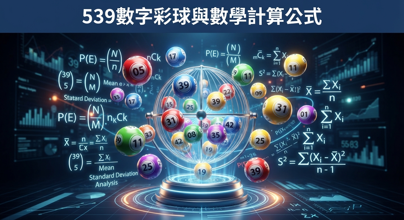 圖片展示了一台抽獎機與色彩繽紛的彩球,周圍環繞著各種數學計算公式與統計圖表。 頂部標題清晰地寫著「539數字彩球與數學計算公式」。